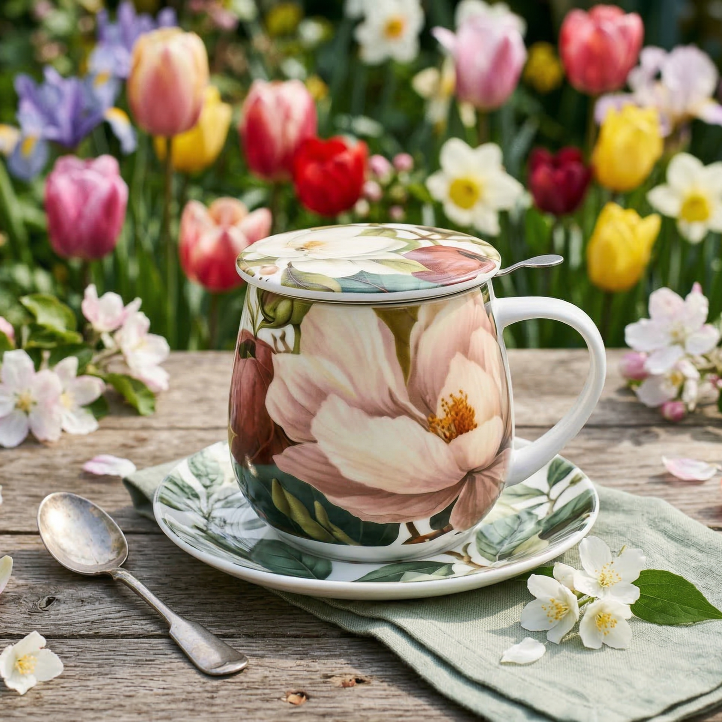 Kubek baryłka z motywem magnolii z pokrywką i spodkiem na drewnianym stole w ogrodzie, w tle kolorowe tulipany i wiosenne kwiaty.