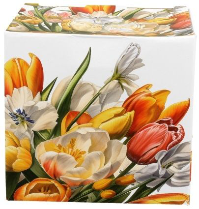 Pudełko z motywem tulipanów do kubka baryłki z zaparzaczem