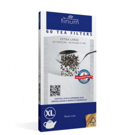 Pudełko filtrów papierowych Finum rozmiar XL 60 sztuk z grafiką liści herbaty.