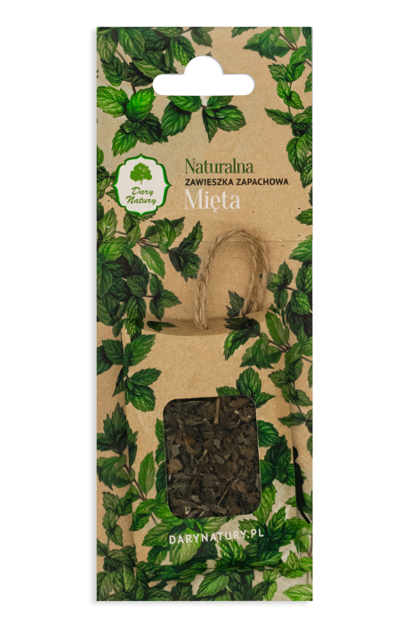 Naturalna zawieszka zapachowa o aromacie mięty w ekologicznym opakowaniu z motywem zielonych liści.