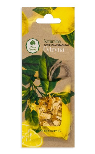 Naturalna zawieszka zapachowa o aromacie cytryny w opakowaniu z cytrusową grafiką.