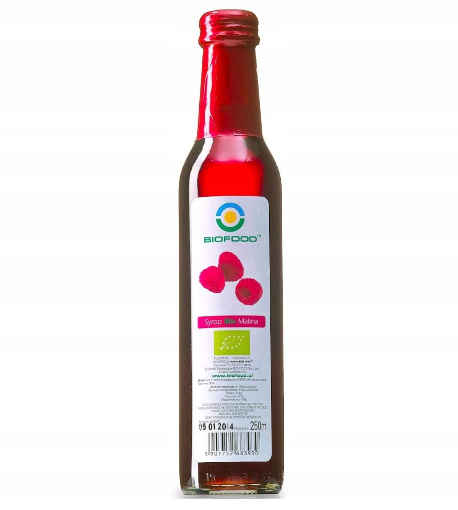 Syrop malinowy ekologiczny Biofood w szklanej butelce 250 ml.
