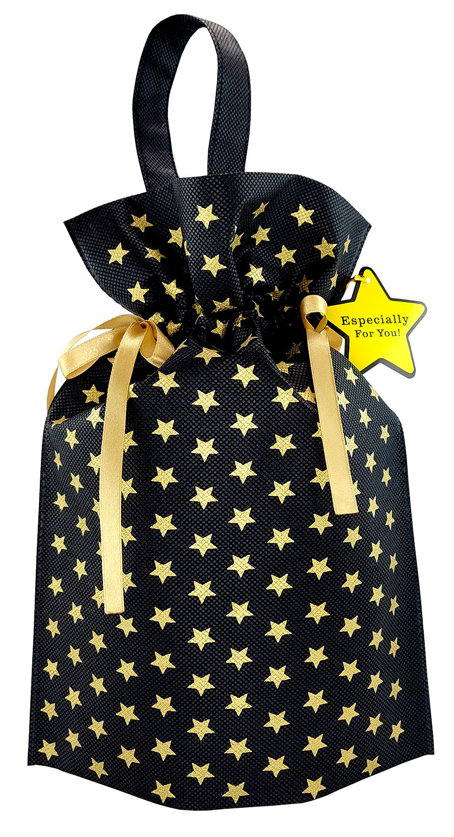 Czarny worek prezentowy z rączką, ozdobiony złotymi gwiazdkami, przewiązany złotymi satynowymi wstążkami, z zawieszką w kształcie gwiazdy, w rozmiarze 22 x 32 cm.