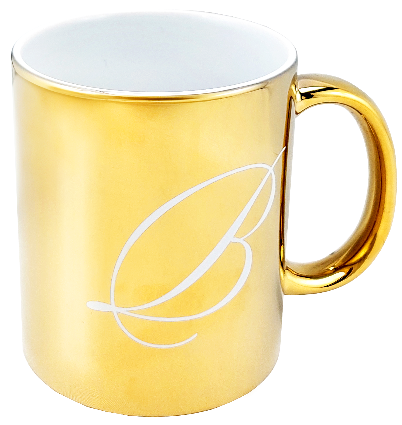 Elegancki kubek Basilur o złotym połysku z subtelnym grawerem, idealny do herbaty.