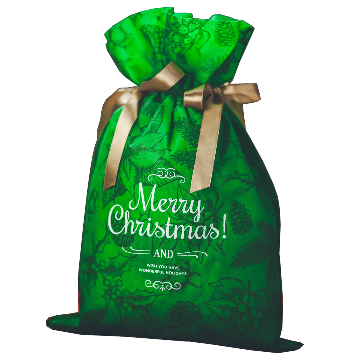 Zielony worek prezentowy z białym napisem Merry Christmas i złotą wstążką, ozdobiony świątecznym motywem gałązek i szyszek.