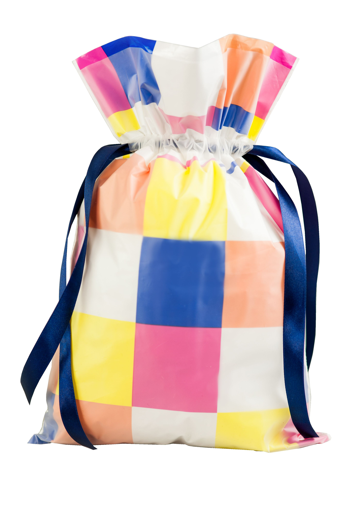 Worek prezentowy w kolorowe kwadraty z granatową wstążką, rozmiar 30 x 45 cm.