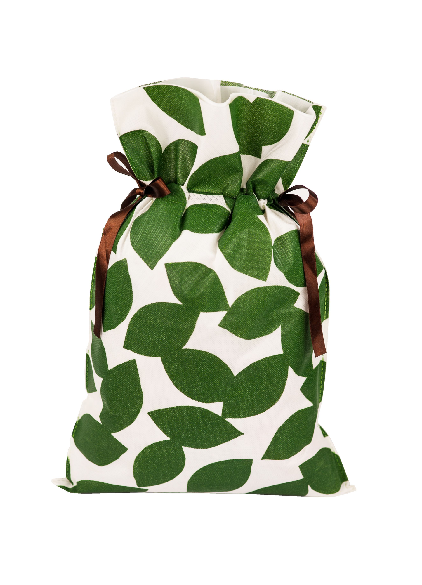 Worek prezentowy w biało-zielone liście, przewiązany brązowymi satynowymi wstążkami, w rozmiarze 30 x 45 cm.