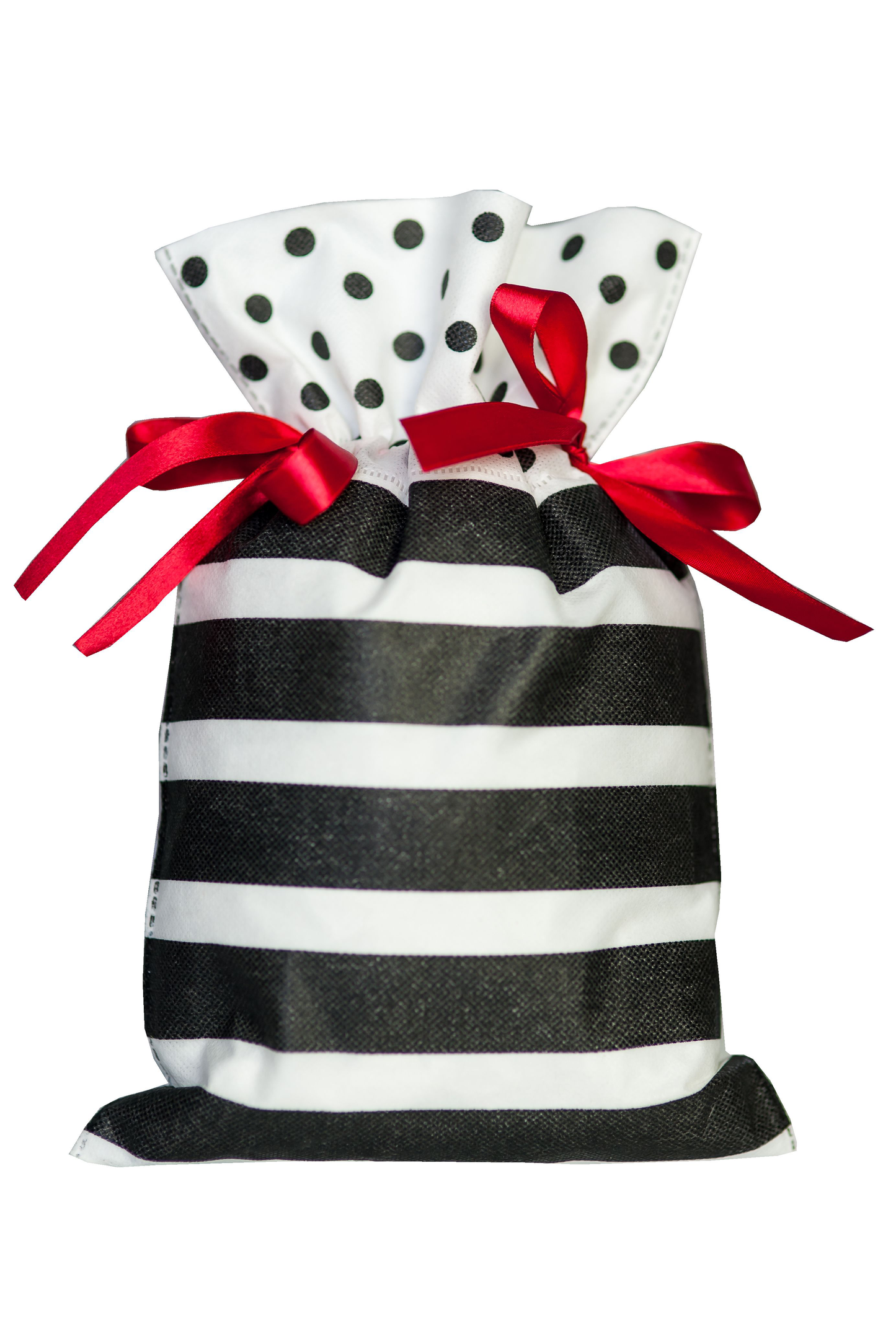 Biały worek prezentowy 30 x 45 cm w czarno-białe paski, przewiązany czerwonymi wstążkami i grochowym wykończeniem.