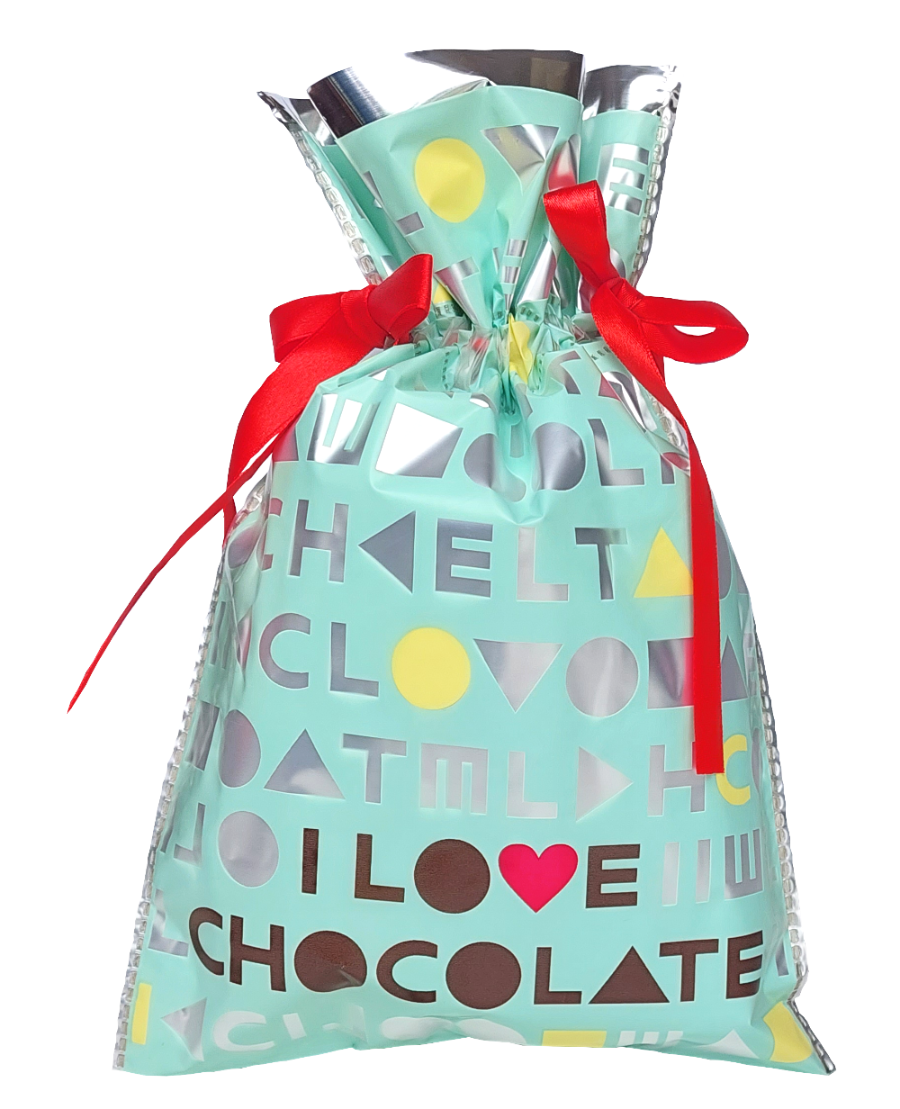 Miętowy worek prezentowy z kolorowym napisem „I Love Chocolate”, ozdobiony czerwonymi wstążkami i srebrnym wykończeniem.