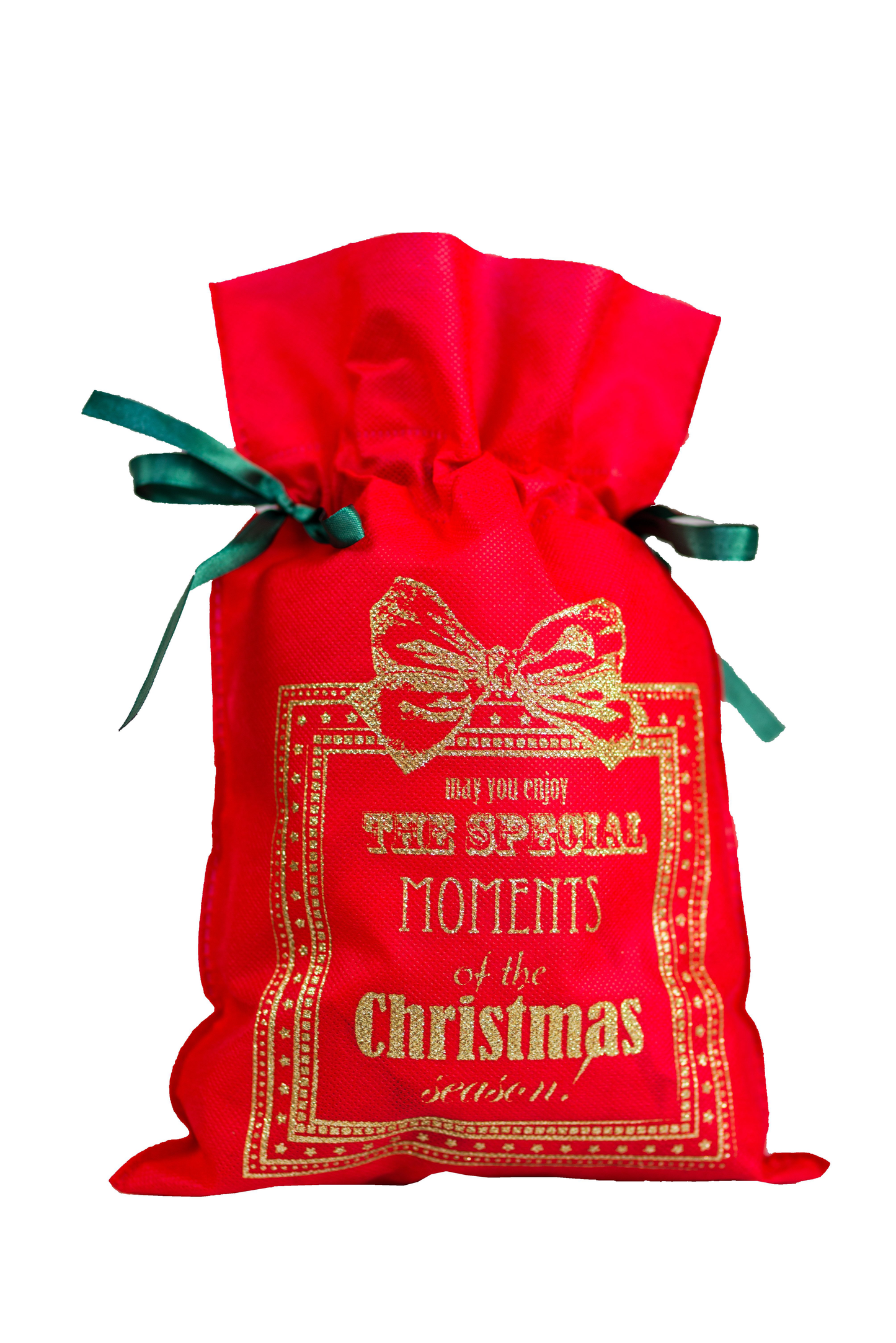 Czerwony worek prezentowy z napisem „The Special Moments of the Christmas Season” w złotym kolorze i zielonymi wstążkami, rozmiar 22 x 31 cm.