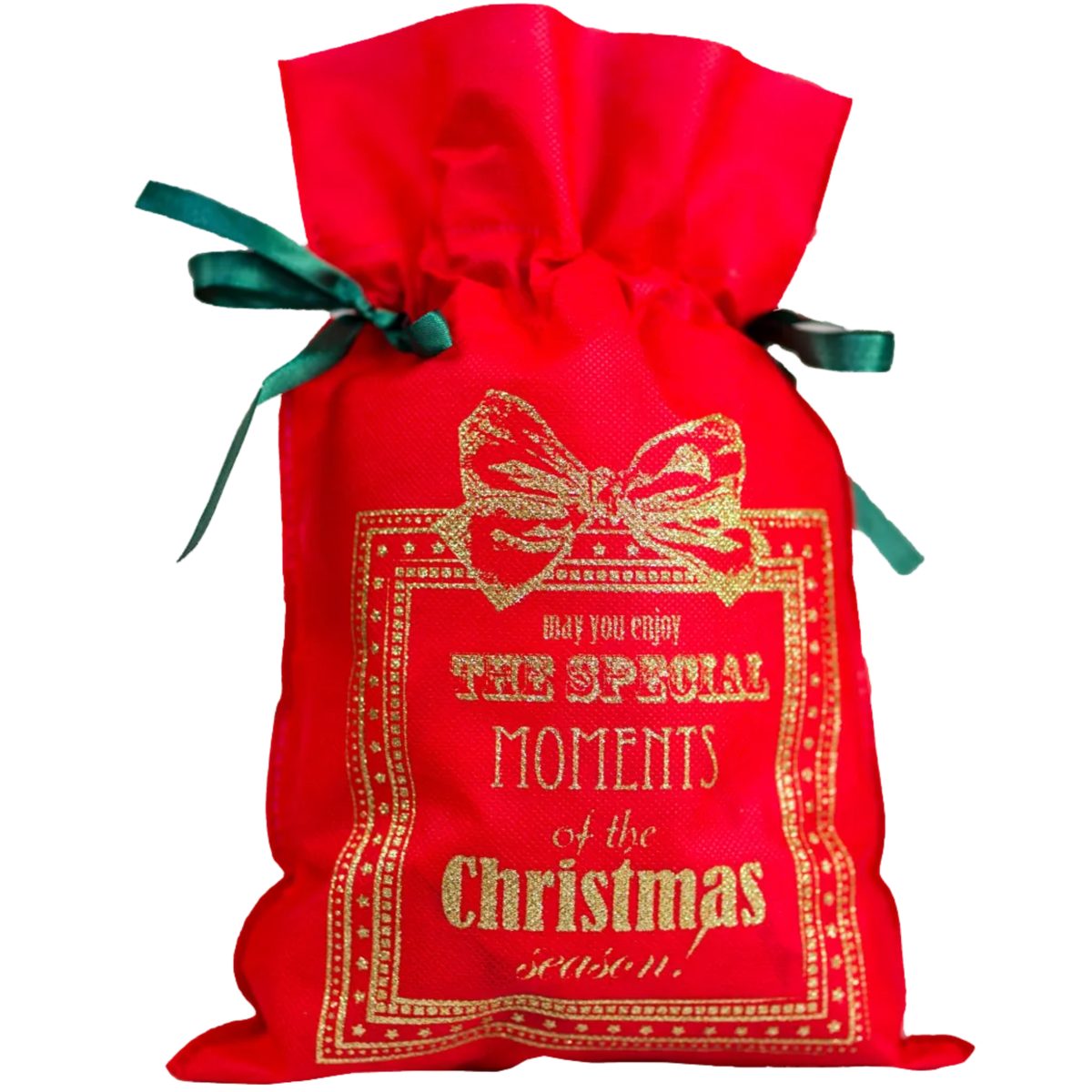 Czerwony worek prezentowy z napisem „The Special Moments of the Christmas Season” w złotym kolorze i zielonymi wstążkami, rozmiar 40 x 56 cm
