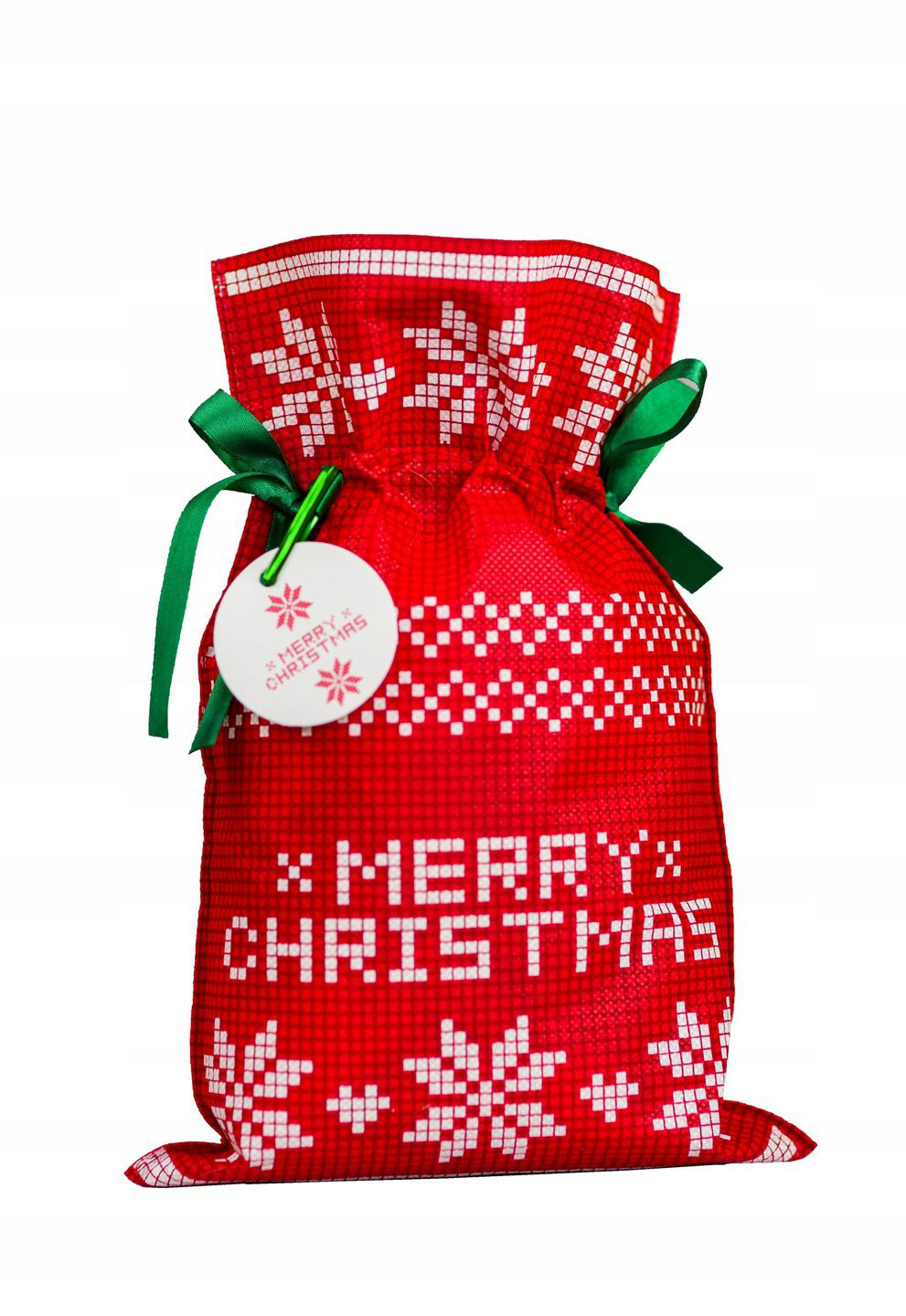 Duży czerwony worek prezentowy z białym nadrukiem gwiazdy betlejemskiej, napisem „Merry Christmas” i zielonymi satynowymi wstążkami, w rozmiarze 60 x 90 cm.