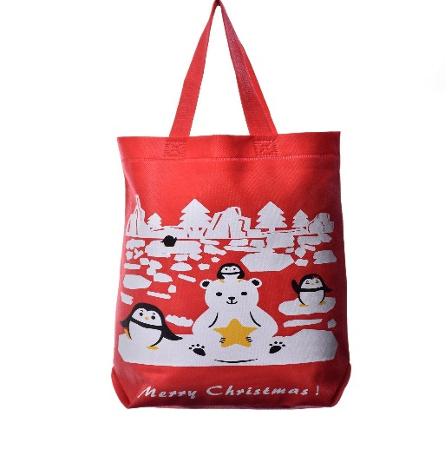 Czerwony worek prezentowy z nadrukiem misia polarnego, pingwinów i napisem „Merry Christmas!”, wyposażony w rączki.