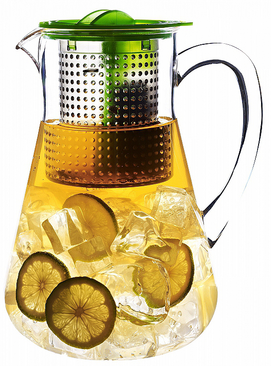 Szklany dzbanek Iced Tea Control o pojemności 1800 ml z zieloną pokrywką, stalowym zaparzaczem i napojem z lodem oraz cytryną.Szklany dzbanek Iced Tea Control o pojemności 1800 ml z zieloną pokrywką, stalowym zaparzaczem i napojem z lodem oraz cytryną.