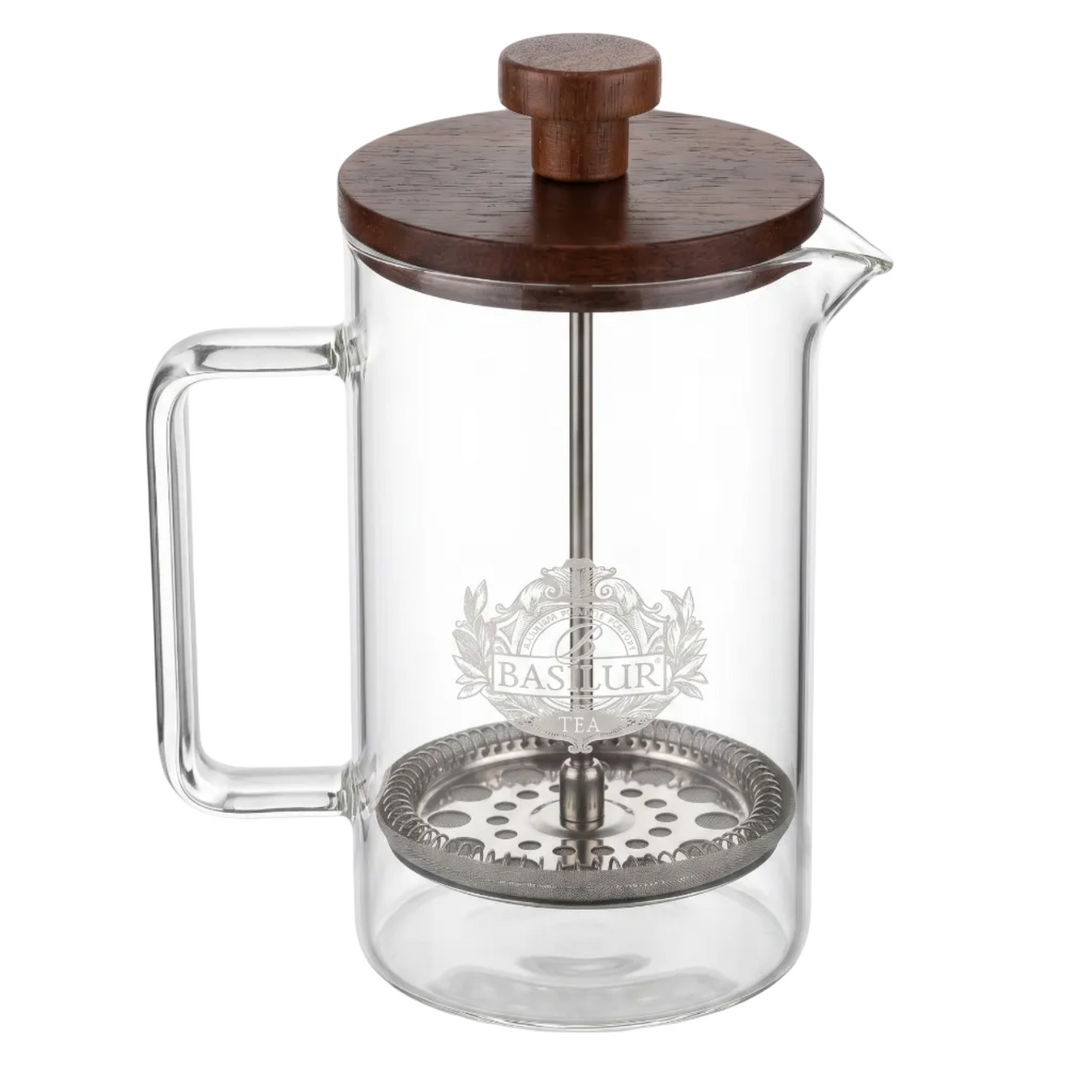Zaparzacz tlokowy Basilur Tea Press 600 ml szklany dzbanek z filtrem i drewniana pokrywka.