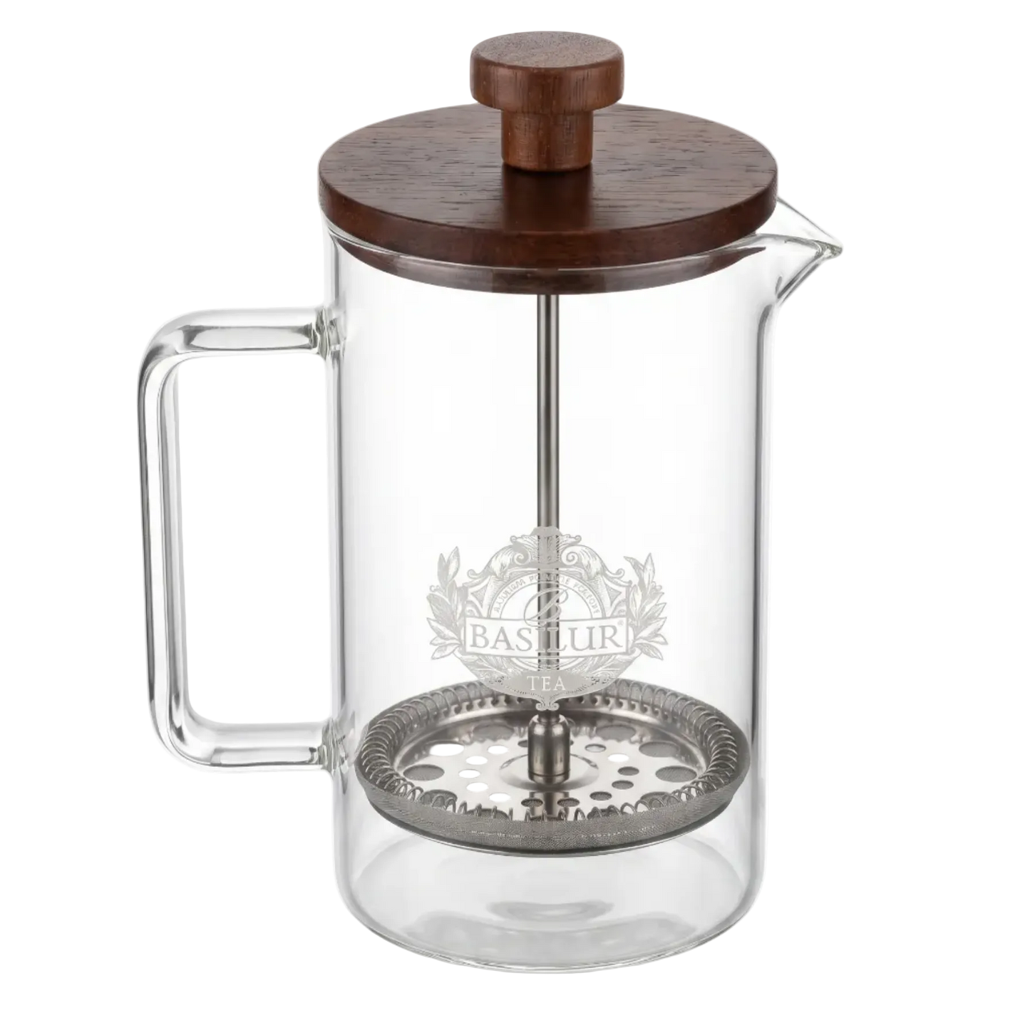 Zaparzacz tlokowy Basilur Tea Press 600 ml szklany dzbanek z filtrem i drewniana pokrywka.