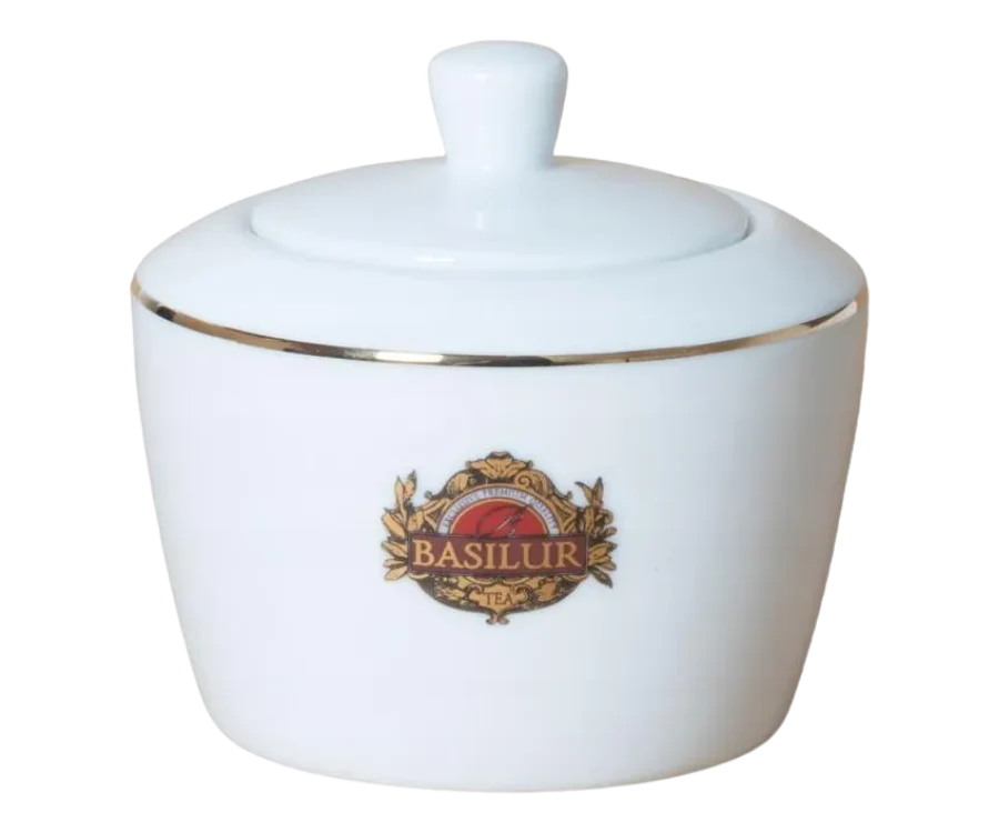 Porcelanowa cukiernica Basilur 325 ml z logo i złotym rantem.