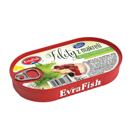 EvraFish - Filety z makreli w sosie pomidorowym z oliwkami i kaparami - 170 g