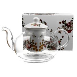 Szklany dzbanek z zaparzaczem VINTAGE FLOWERS WHITE - 1000 ml