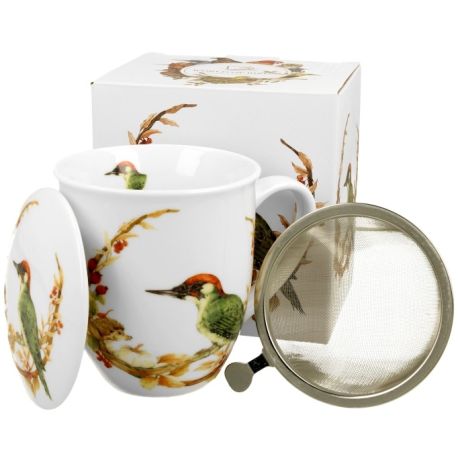 Kubek porcelanowy z zaparzaczem DZIĘCIOŁ ZIELONY - 400 ml