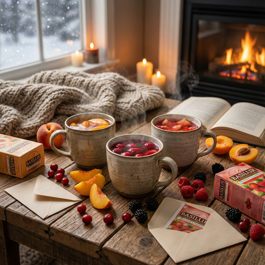 Trzy kubki gorącej herbaty owocowej Basilur z malinami, żurawiną i brzoskwinią na drewnianym stole przy kominku i świecach