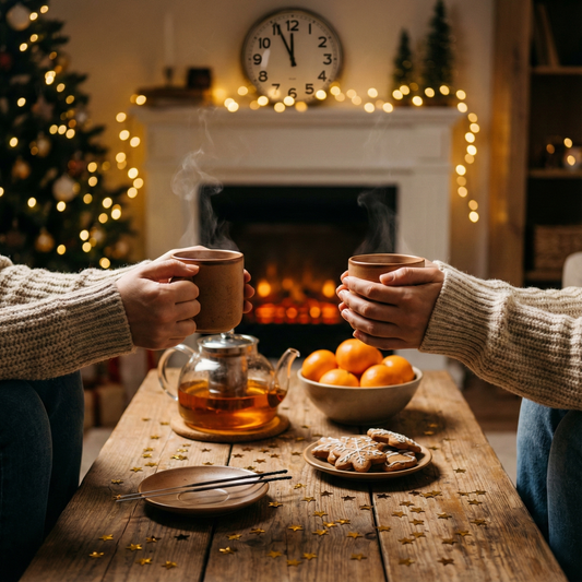 Dwie osoby trzymają kubki gorącej herbaty przy stole z ciasteczkami, mandarynkami i czajnikiem, w tle kominek i świąteczne lampki