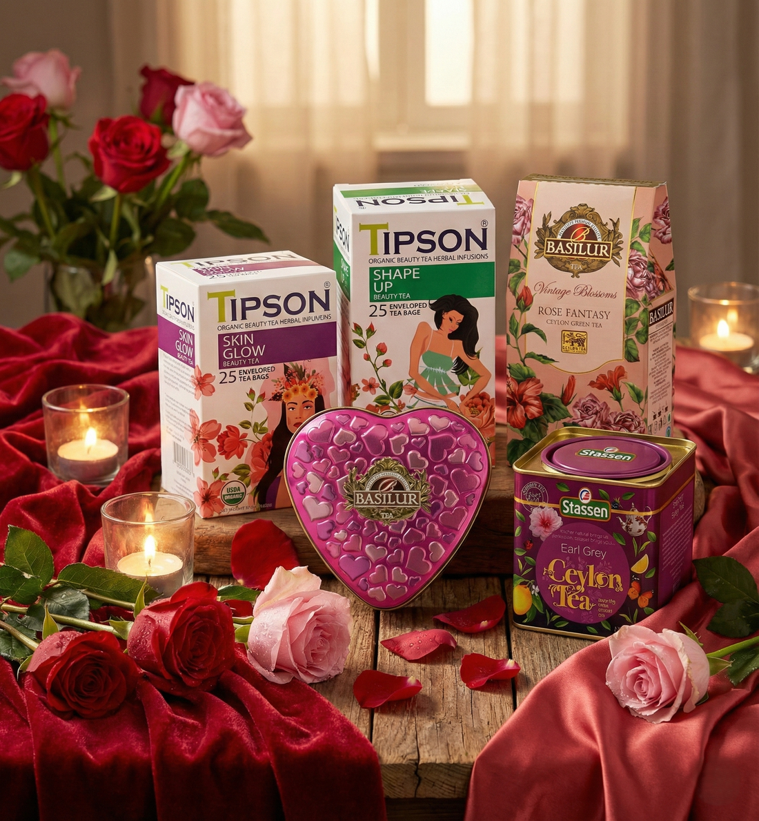Zestaw herbat Tipson, Basilur i Stassen na drewnianym stole, otoczony czerwonymi i różowymi różami oraz świecami, romantyczna aranżacja prezentowa.