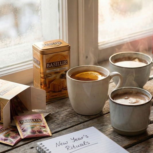 Kubki gorącej herbaty Basilur z plasterkiem pomarańczy na drewnianym stole przy oknie, obok opakowań herbat i notesu z napisem New Year's Rituals