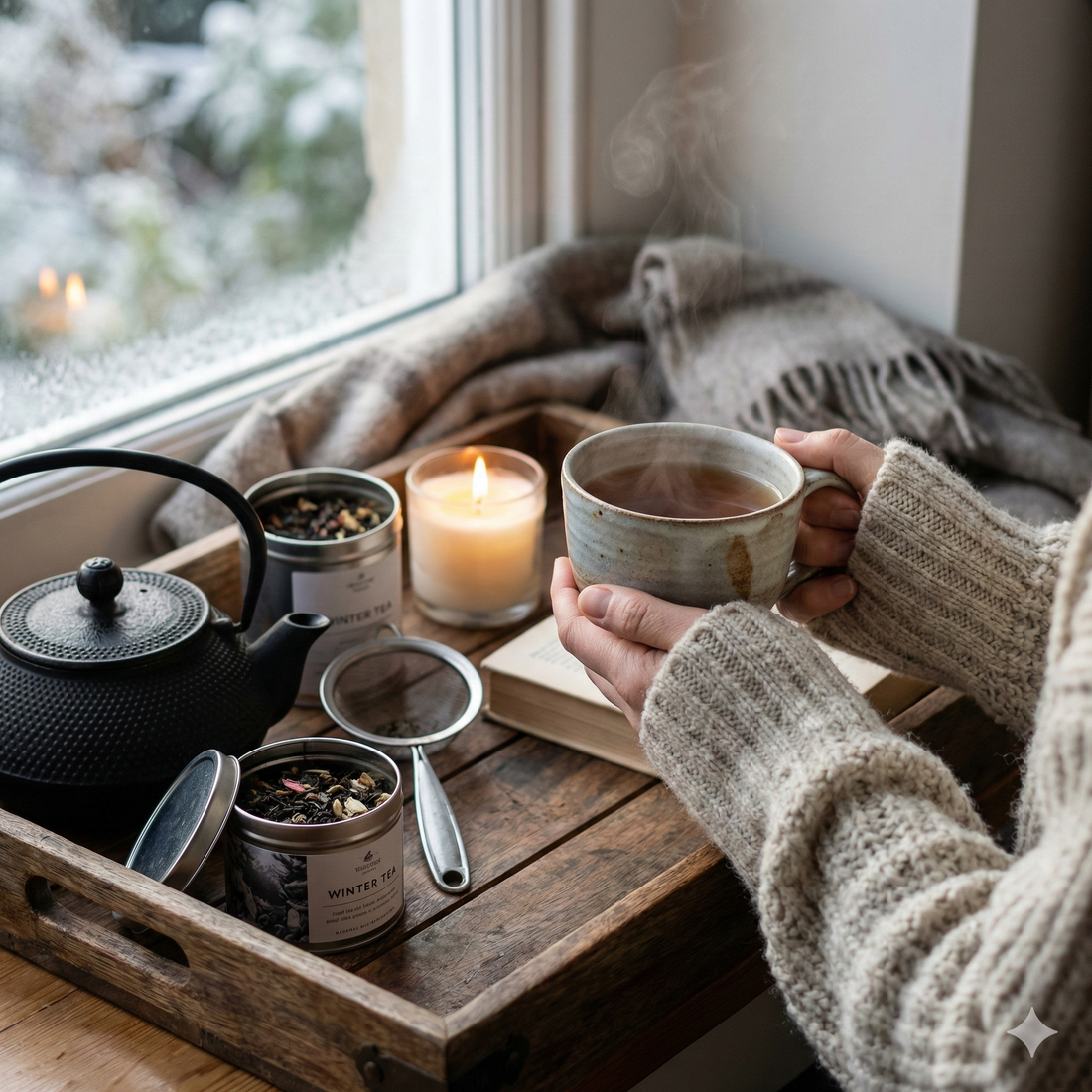 Dłonie trzymające kubek gorącej herbaty obok czajnika, świecy i puszek z herbatą na parapecie z widokiem na zimowy ogród