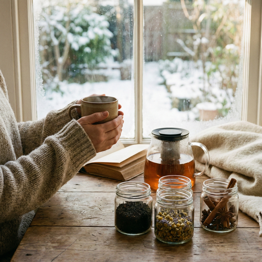 Osoba trzymająca kubek herbaty przy oknie, dzbanek z naparem, słoiczki z herbatą i przyprawami oraz książka na stole zimą