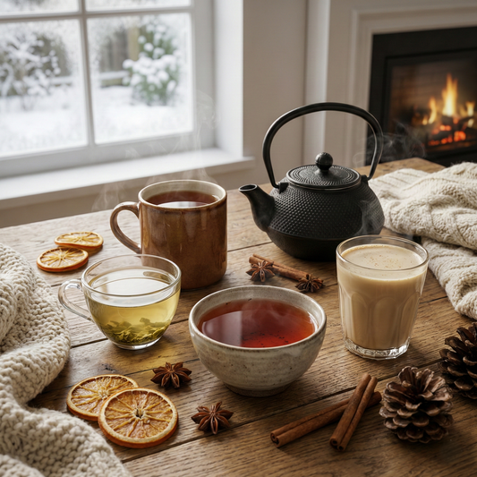 Kilka filiżanek herbaty na drewnianym stole, czajnik, przyprawy korzenne i suszone pomarańcze, zimowy klimat przy oknie i kominku