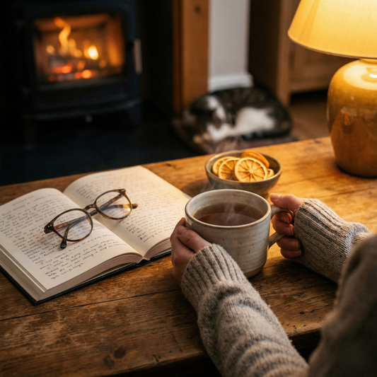 Dłonie trzymające kubek herbaty przy drewnianym stole, otwarta książka i okulary, w tle kominek i miseczka z suszonymi cytrusami.