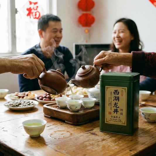 Parzenie chińskiej zielonej herbaty w czajniczkach podczas rodzinnego spotkania przy stole, obok puszka z herbatą i filiżanki do degustacji.