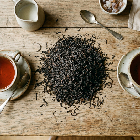 Luźne liście czarnej herbaty na drewnianym stole, obok filiżanki naparu, mlecznik i cukierki