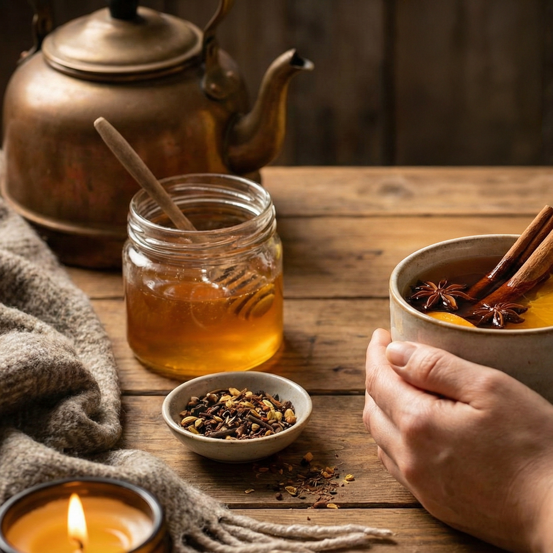 Kubek gorącej herbaty z cynamonem, anyżem i pomarańczą, obok słoik miodu i czajnik na drewnianym stole w ciepłym klimacie.