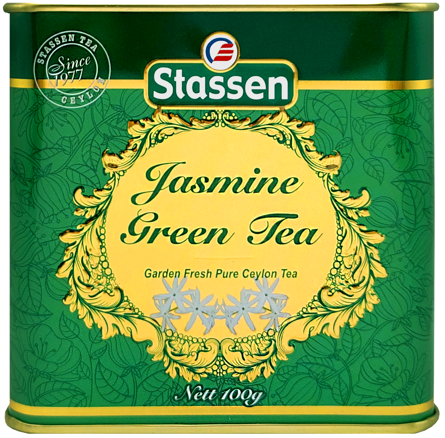 Zielona pokrywka puszki herbaty Stassen Jasmine Green Tea, eleganckie opakowanie.