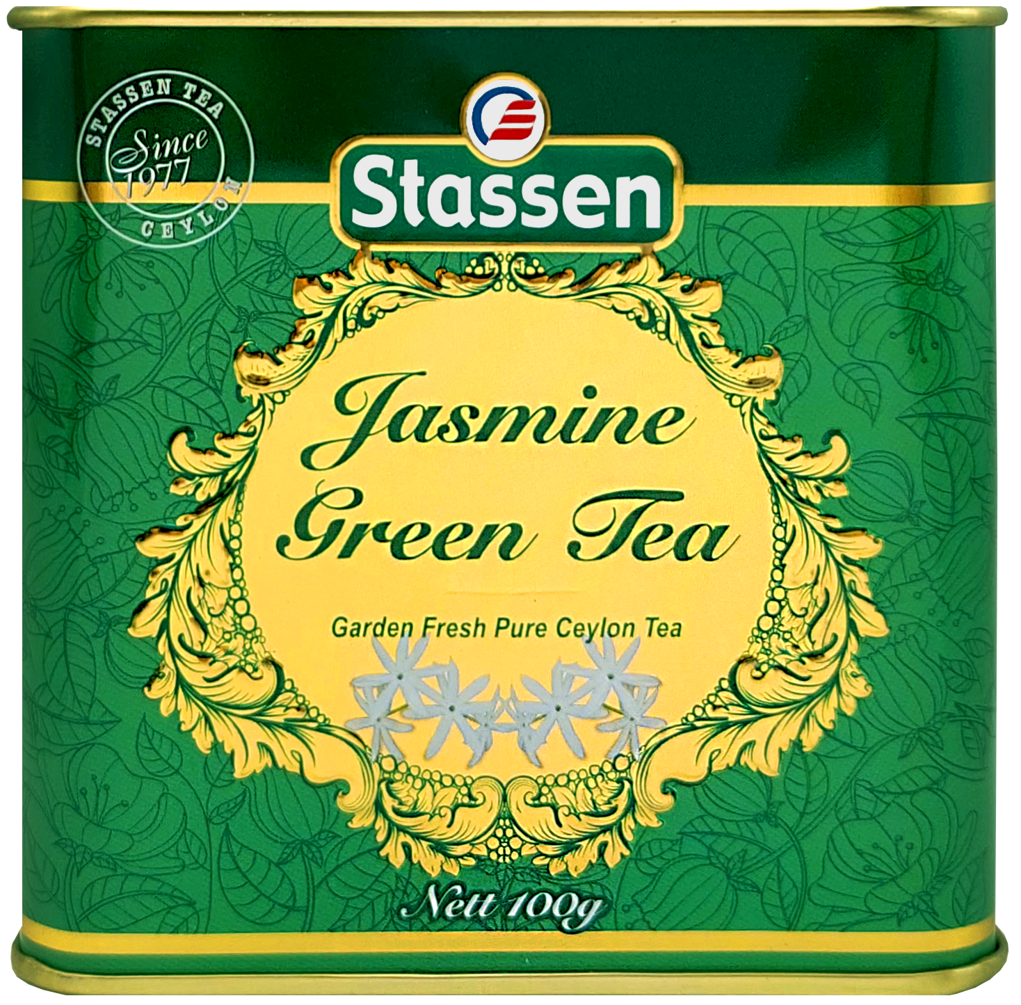 Zielona pokrywka puszki herbaty Stassen Jasmine Green Tea, eleganckie opakowanie.