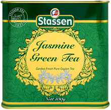 Zielona pokrywka puszki herbaty Stassen Jasmine Green Tea, eleganckie opakowanie.