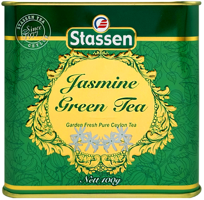 Zielona pokrywka puszki herbaty Stassen Jasmine Green Tea, eleganckie opakowanie.