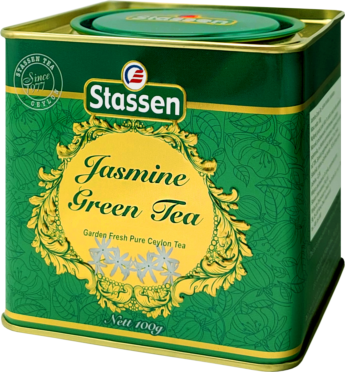 Boczny widok puszki herbaty Stassen Jasmine Green Tea, eleganckie złote wykończenia.