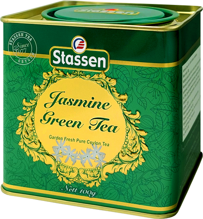 Boczny widok puszki herbaty Stassen Jasmine Green Tea, eleganckie złote wykończenia.