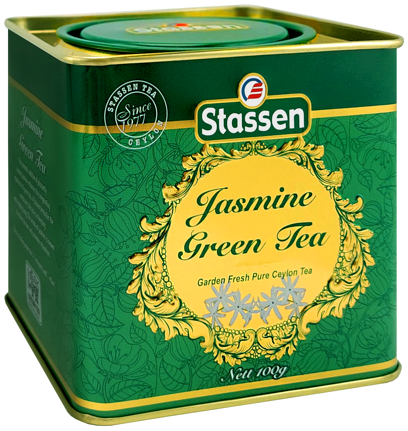 Puszka zielonej herbaty jaśminowej Stassen w perspektywie, luksusowe opakowanie prezentowe.