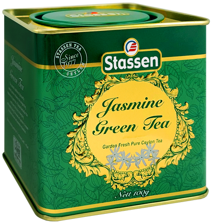 Puszka zielonej herbaty jaśminowej Stassen w perspektywie, luksusowe opakowanie prezentowe.