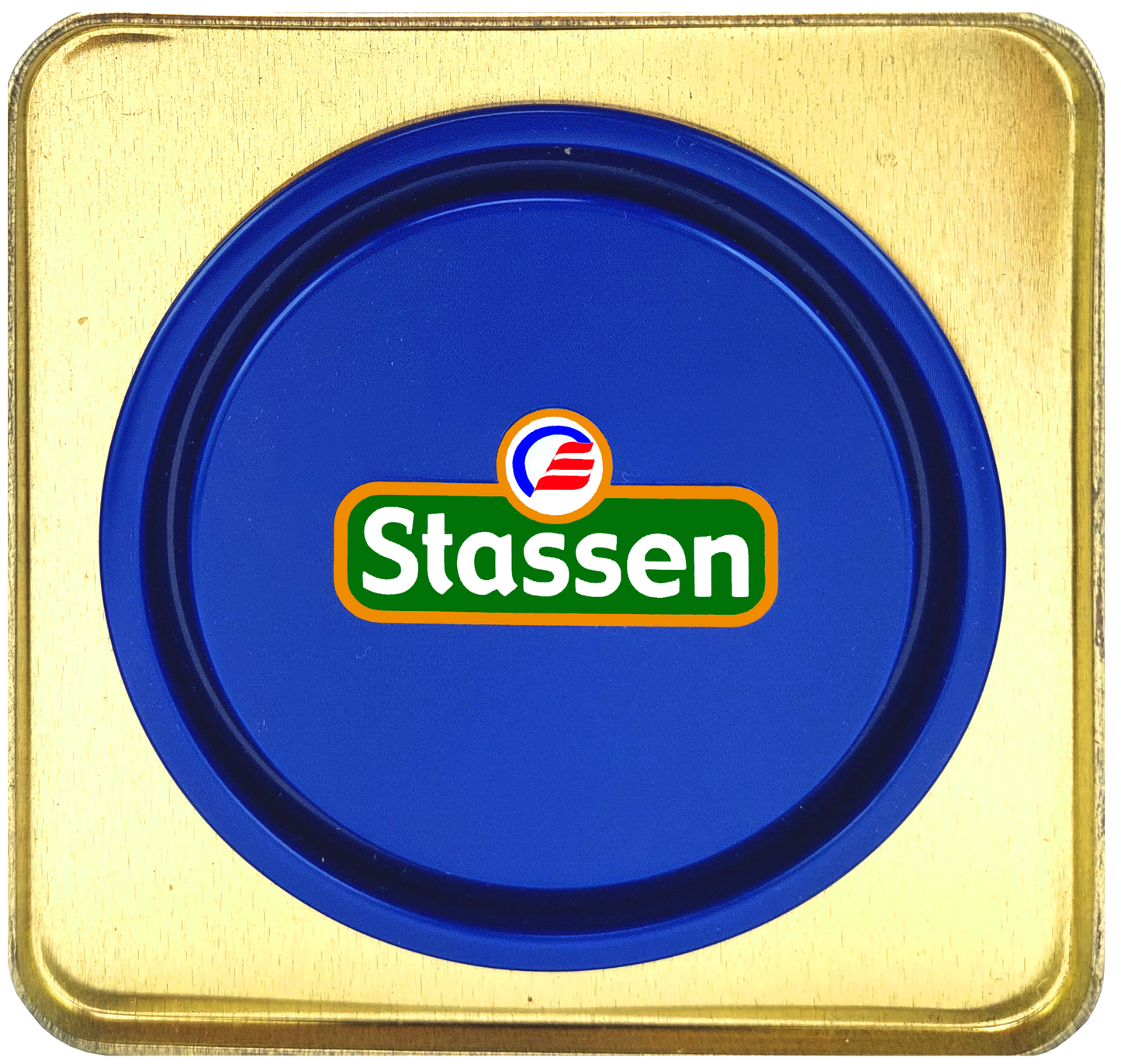 Niebieska pokrywka puszki Stassen Pure Ceylon Black Tea, eleganckie opakowanie.