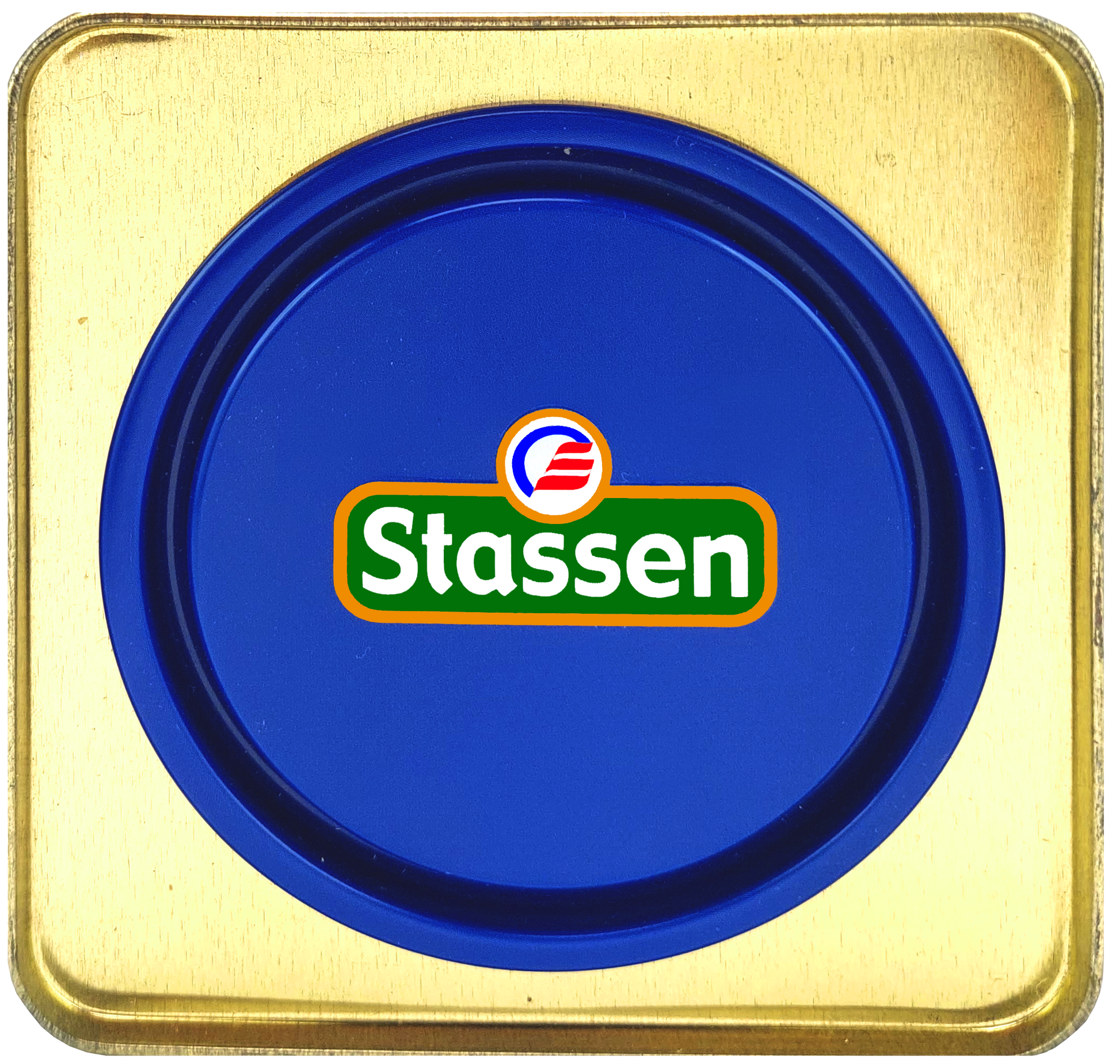 Niebieska pokrywka puszki Stassen Pure Ceylon Black Tea, eleganckie opakowanie.