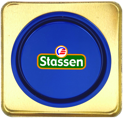 Niebieska pokrywka puszki Stassen Pure Ceylon Black Tea, eleganckie opakowanie.