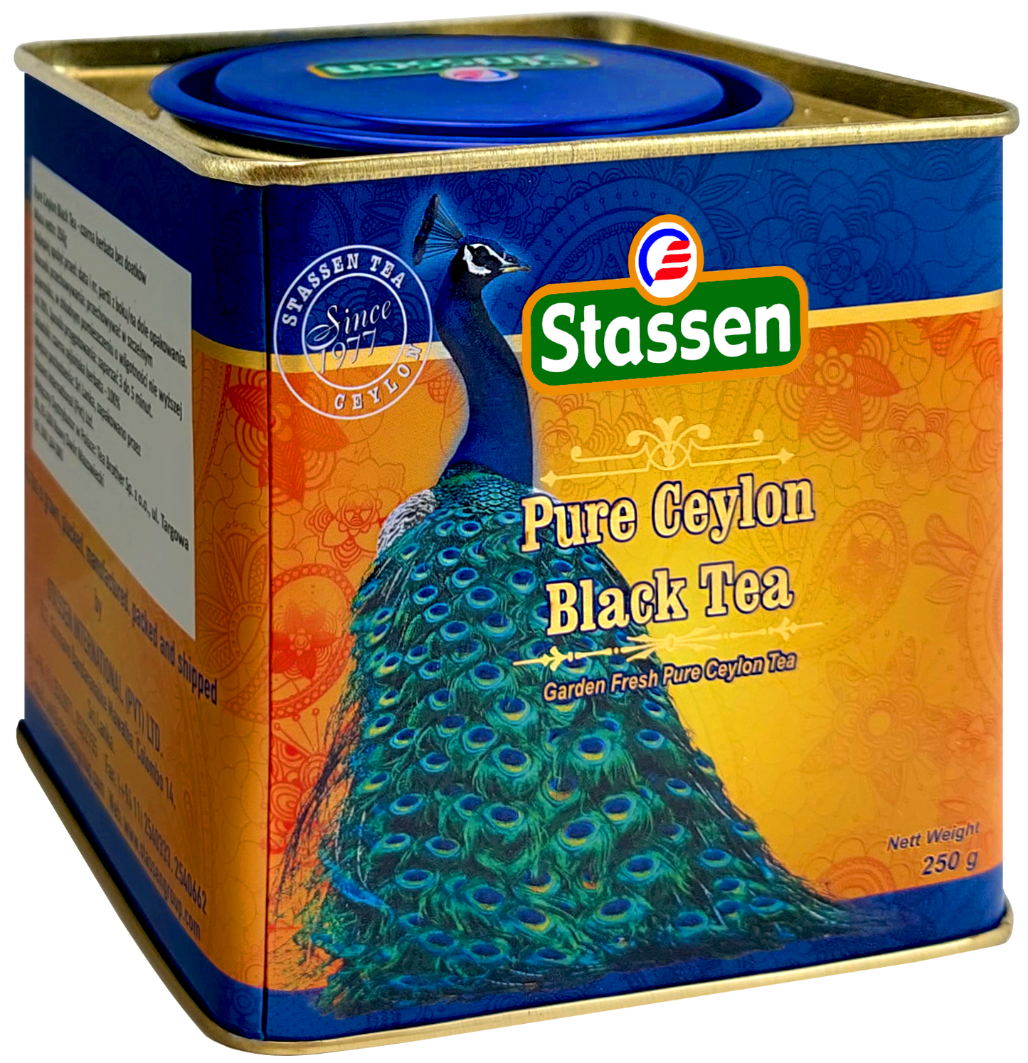 Boczny widok puszki Stassen Pure Ceylon Black Tea 250 g, wzór z pawiem.
