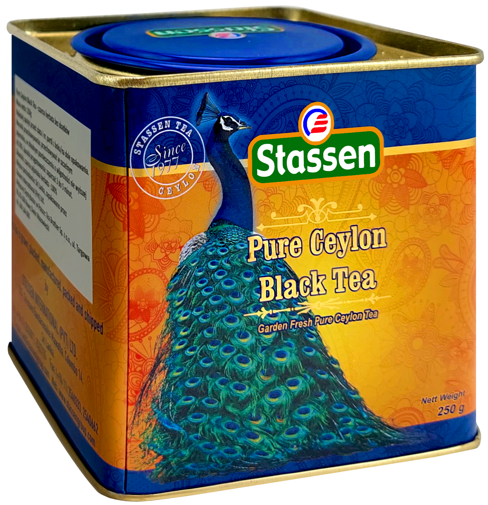 Boczny widok puszki Stassen Pure Ceylon Black Tea 250 g, wzór z pawiem.