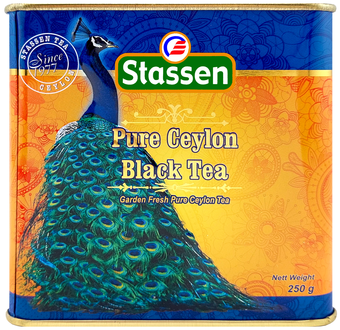 Front puszki Stassen Pure Ceylon Black Tea, czarna herbata cejlońska z motywem pawia.