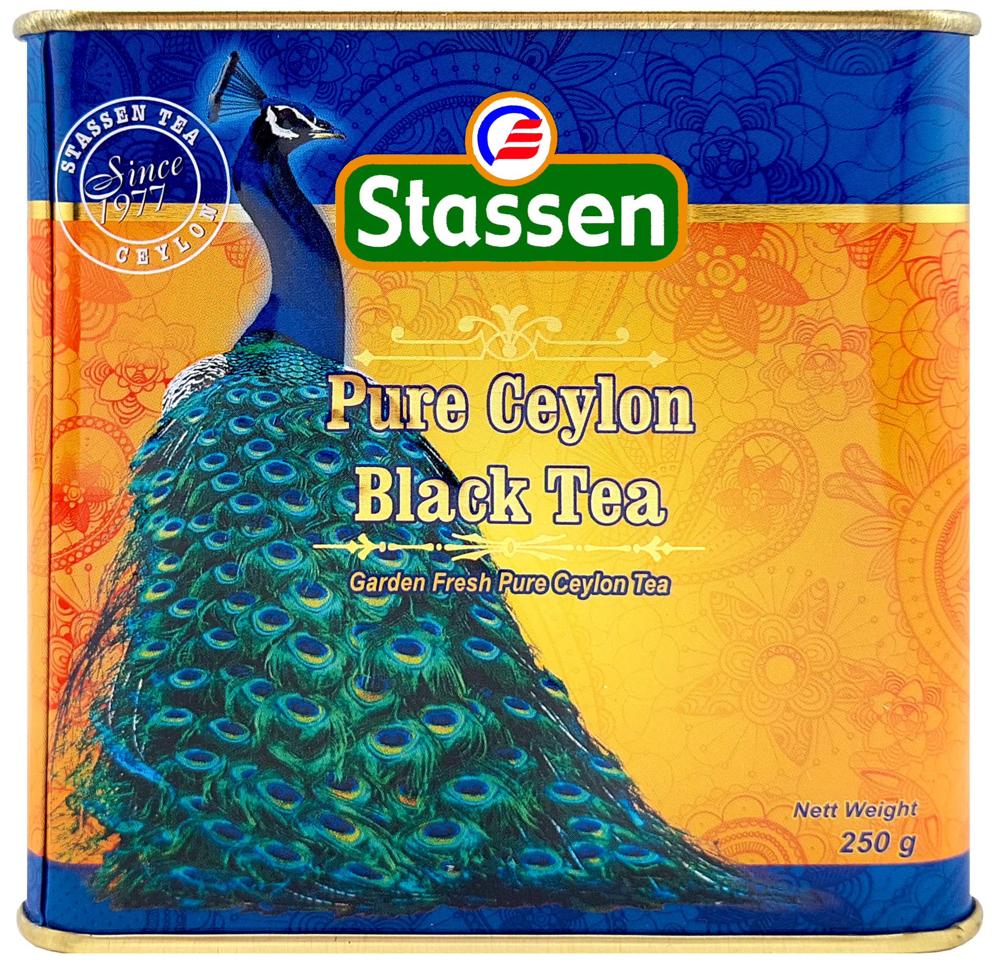 Front puszki Stassen Pure Ceylon Black Tea, czarna herbata cejlońska z motywem pawia.